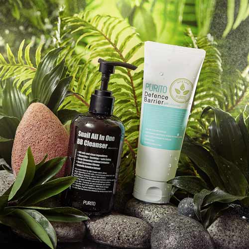Purito cleansers in jungle-inspired setup