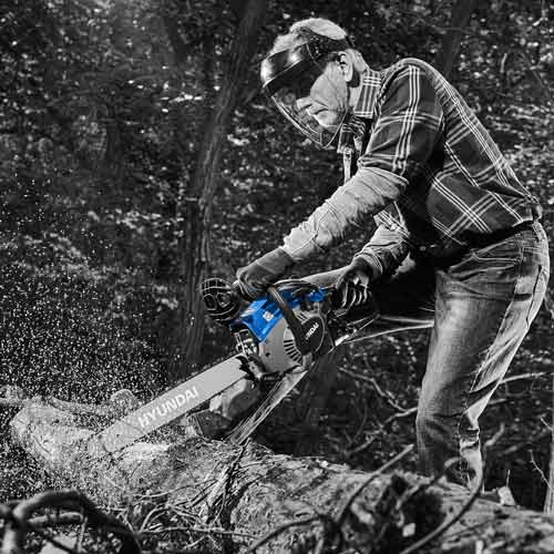 Man Using Chainsaw in Forest