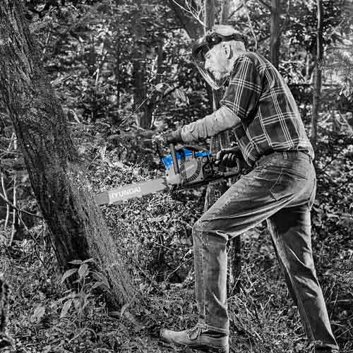 전기톱으로 나무를 자르는 남성 모델의 생생한 작업 장면 Photo of a man cutting a tree with a chainsaw in mid-action