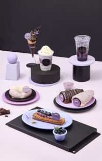 GODIVA Amortage desserts and drinks in pastel purple setting