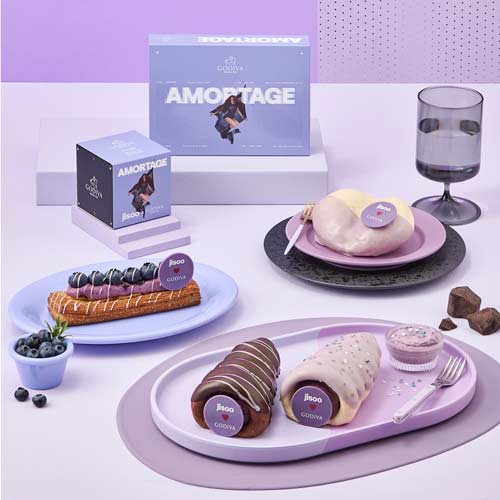 GODIVA Amortage dessert and beverage flatlay in studio