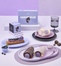 GODIVA Amortage dessert and beverage flatlay in studio