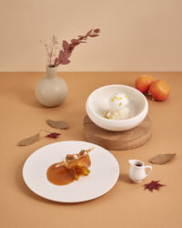 Seasonal dessert and ice cream on a fall-inspired table setting