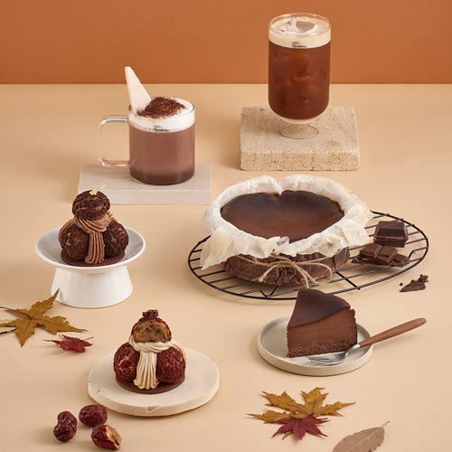 Autumn dessert set with chocolate mousse cake and Mont Blanc