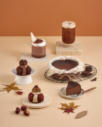 Autumn dessert set with chocolate mousse cake and Mont Blanc