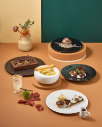A seasonal dessert spread on a color-blocked table setup