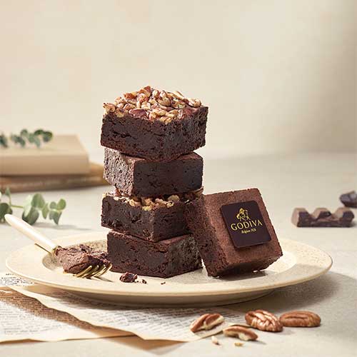 Chocolate brownie stack with Godiva logo