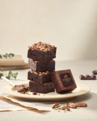 Chocolate brownie stack with Godiva logo