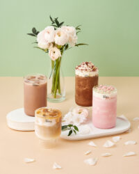 GODIVA iced drinks in pastel background studio setup