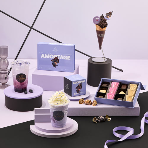 GODIVA purple-themed dessert and chocolate set