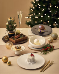 Assorted plated desserts for Christmas with tree and ornaments