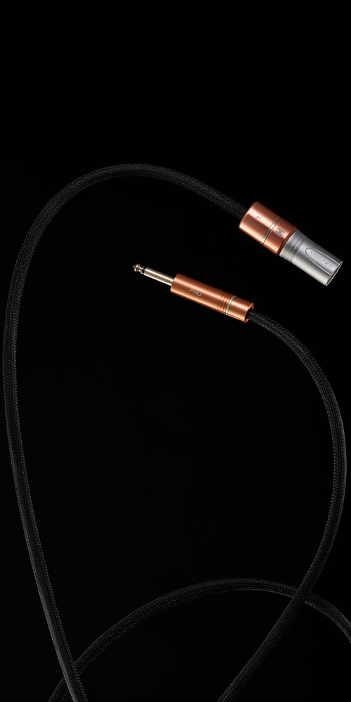 암전 배경에서 곡선을 그리는 PRO TS·XLR 케이블 PRO series TS and XLR cable arcing across black backdrop