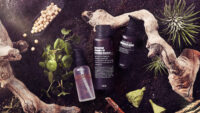 푸리토 스킨케어 제품 3종이 자연 흙과 나무, 생약 소재 위에 놓인 내추럴 플랫레이 Three Purito skincare products displayed on natural soil with botanical herbs and wood
