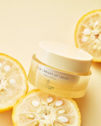 유자 단면과 함께 구성된 더 하르나이 유자C 브라이트 업 크림 제품 이미지 The Harnay Yuja C Brightening Cream displayed with citrus slices on yellow background