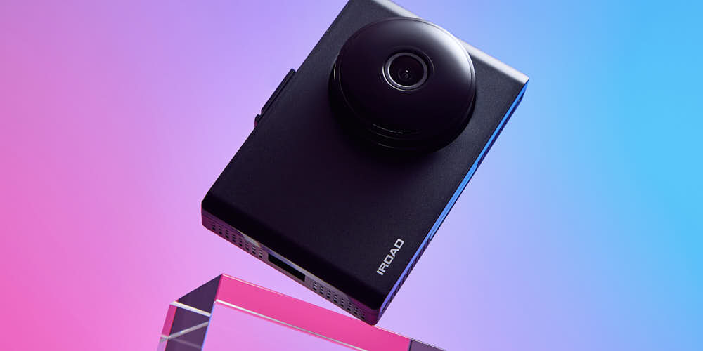 IROAD dashcam shoot – sleek product image under neon lights
