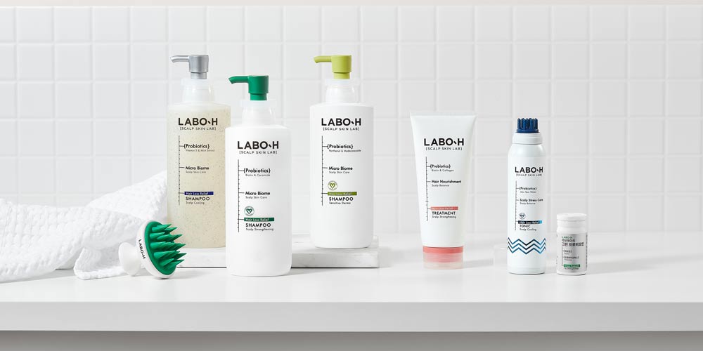 라보에이치 두피케어 전체 제품 라인업 사진 Labo-H scalp care product lineup including shampoo, tonic, and treatment.