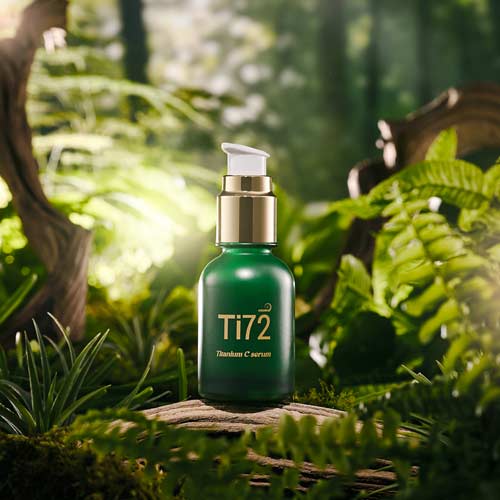 숲속 배경에 놓인 휴메디컬 Ti72 앰플 제품 사진 Humedical Ti72 ampoule placed in a forest setting product photo