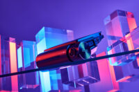 스튜디오 조명과 함께 촬영된 아이로드 X10 프로 블랙박스 제품 이미지 IROAD X10 Pro dashcam product photo with colorful studio lighting